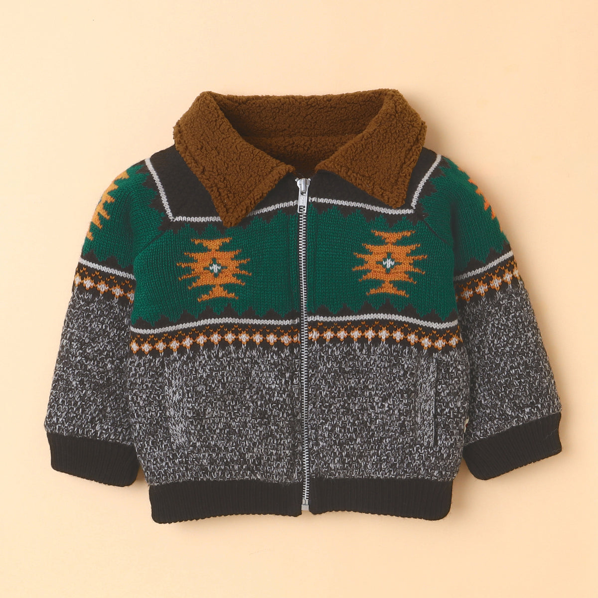 Kids Knitted Winter Jacket with Sherpa Collar | Patterned Zip-Up Sweater Jacket for Boys
