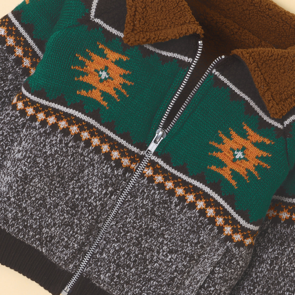 Kids Knitted Winter Jacket with Sherpa Collar | Patterned Zip-Up Sweater Jacket for Boys