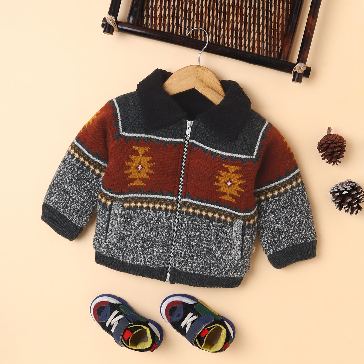 Kids Knitted Winter Jacket with Sherpa Collar | Patterned Zip-Up Sweater Jacket for Boys