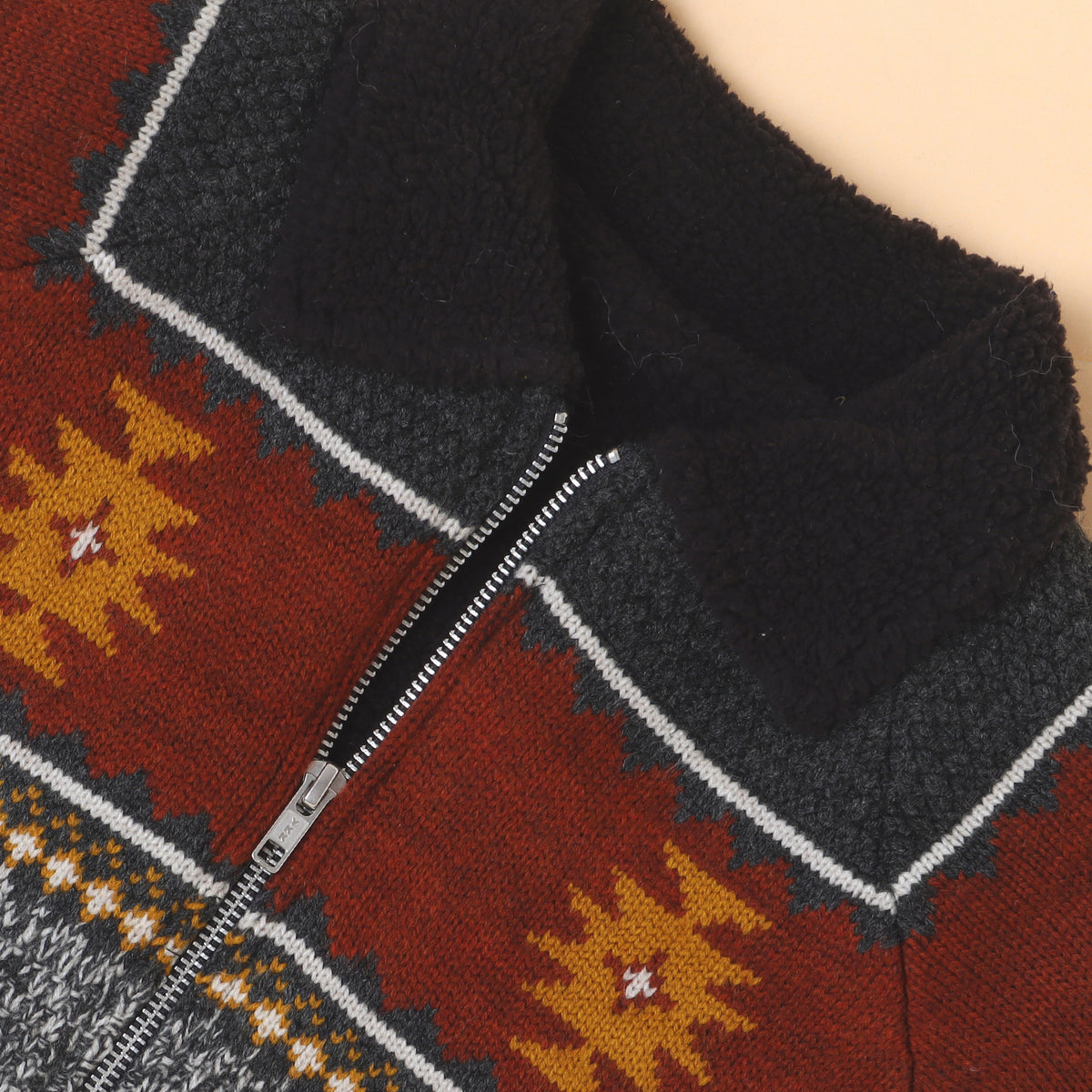 Kids Knitted Winter Jacket with Sherpa Collar | Patterned Zip-Up Sweater Jacket for Boys