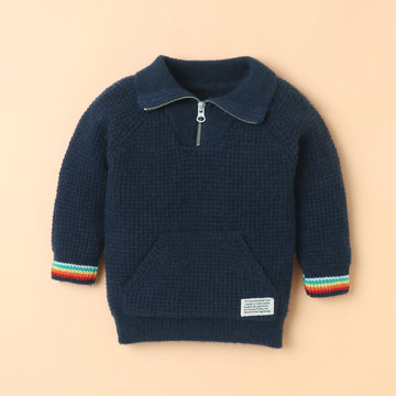 Boys Navy Blue Knitted Sweater with Zip Collar | Winter Wear