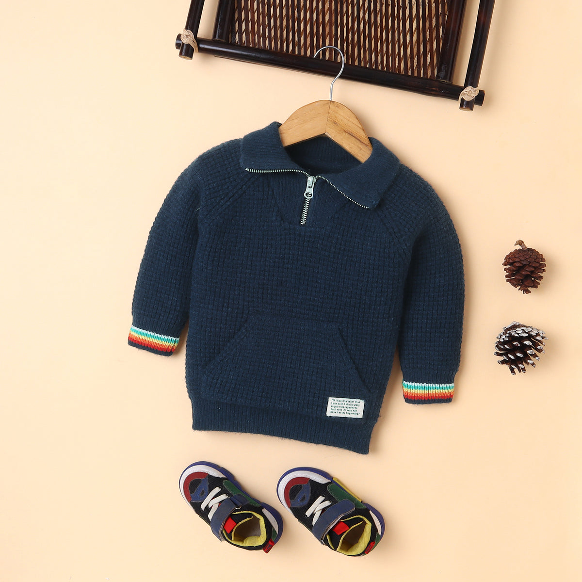 Boys Navy Blue Knitted Sweater with Zip Collar | Winter Wear