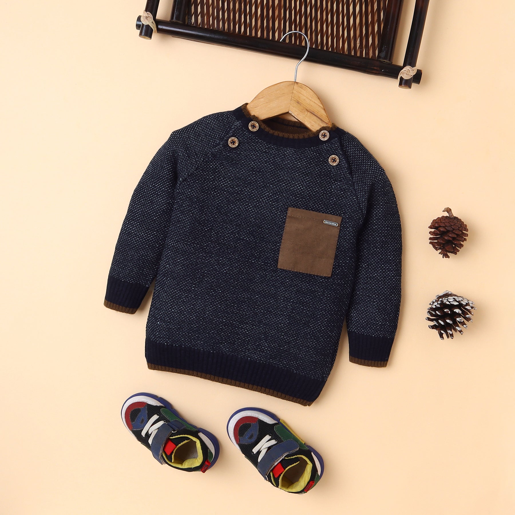 Stylish Kids' Knit Sweater with Chest Pocket and Wooden Buttons