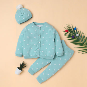 Baby Cotton Outfit Set (3 Pcs) – All Season Soft & Comfortable Unisex Newborn Clothing | Top, Bottom, Cap & Socks (0-6 Months)