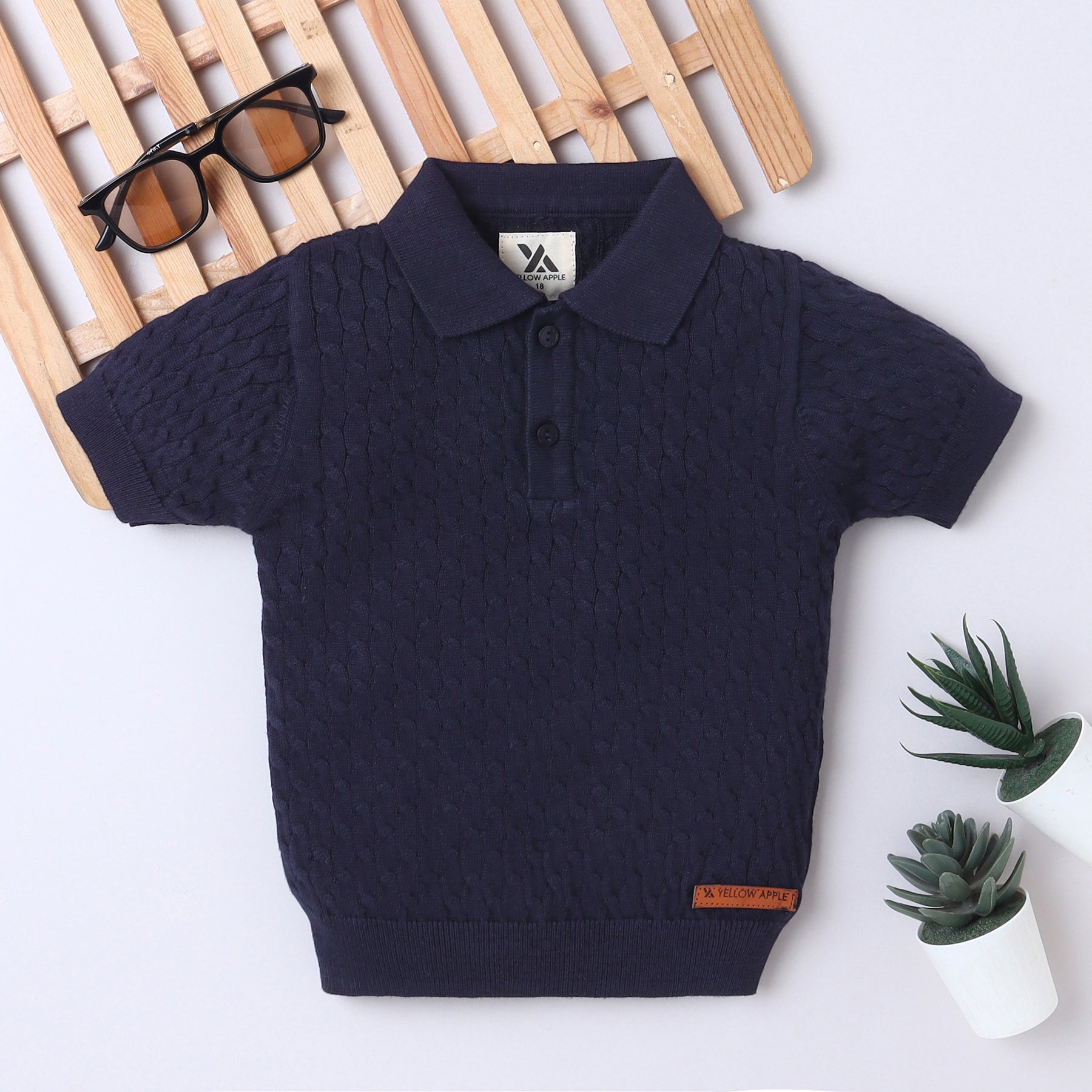Boys Cable Knit Polo T-Shirt, Soft Cotton Half Sleeve Collar Tee for Boys, Casual Summer Wear