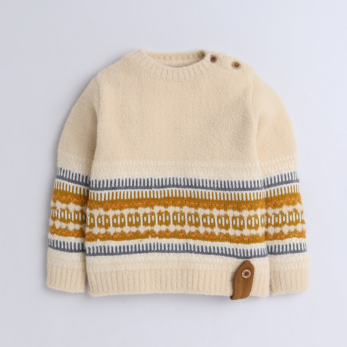Kids Fair Isle Knitted Sweater | Soft Full Sleeve Winter Pullover with Shoulder Button Detail