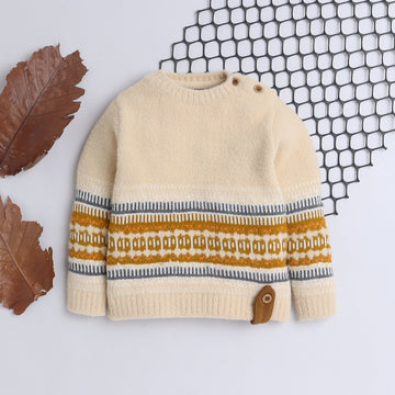 Kids Fair Isle Knitted Sweater | Soft Full Sleeve Winter Pullover with Shoulder Button Detail