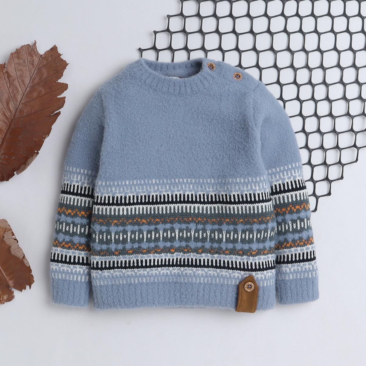 Kids Fair Isle Knitted Sweater | Soft Full Sleeve Winter Pullover with Shoulder Button Detail