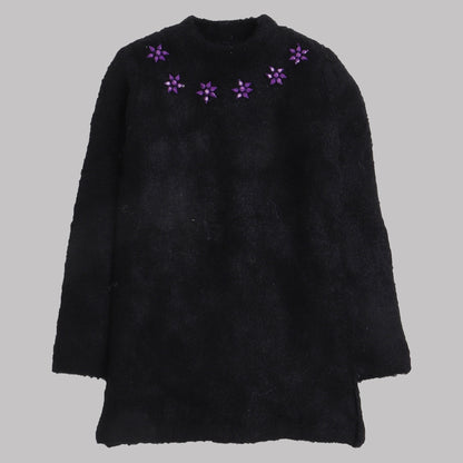 Yellow Apple Girls Woolen Sweater Cardigan – Black | Full Sleeve, Round Neck, Warm Winter Wear for Kids