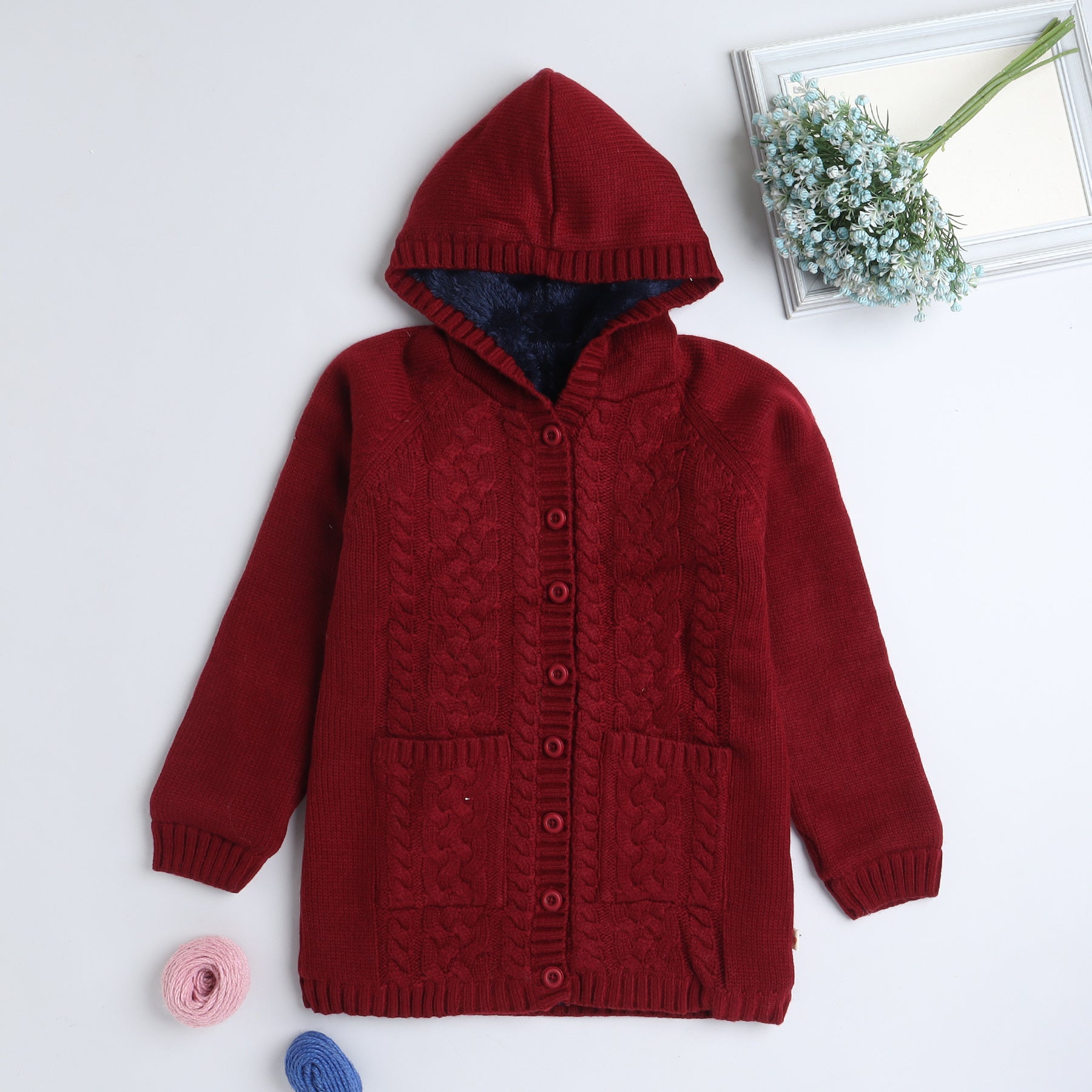 Baby Girls Self Design Hooded Neck Black Sweater