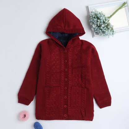Baby Girls Self Design Hooded Neck Black Sweater