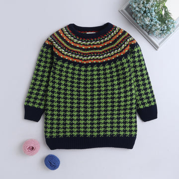 Nordic Charm Houndstooth Knit Sweater – Bold & Cozy for Girls