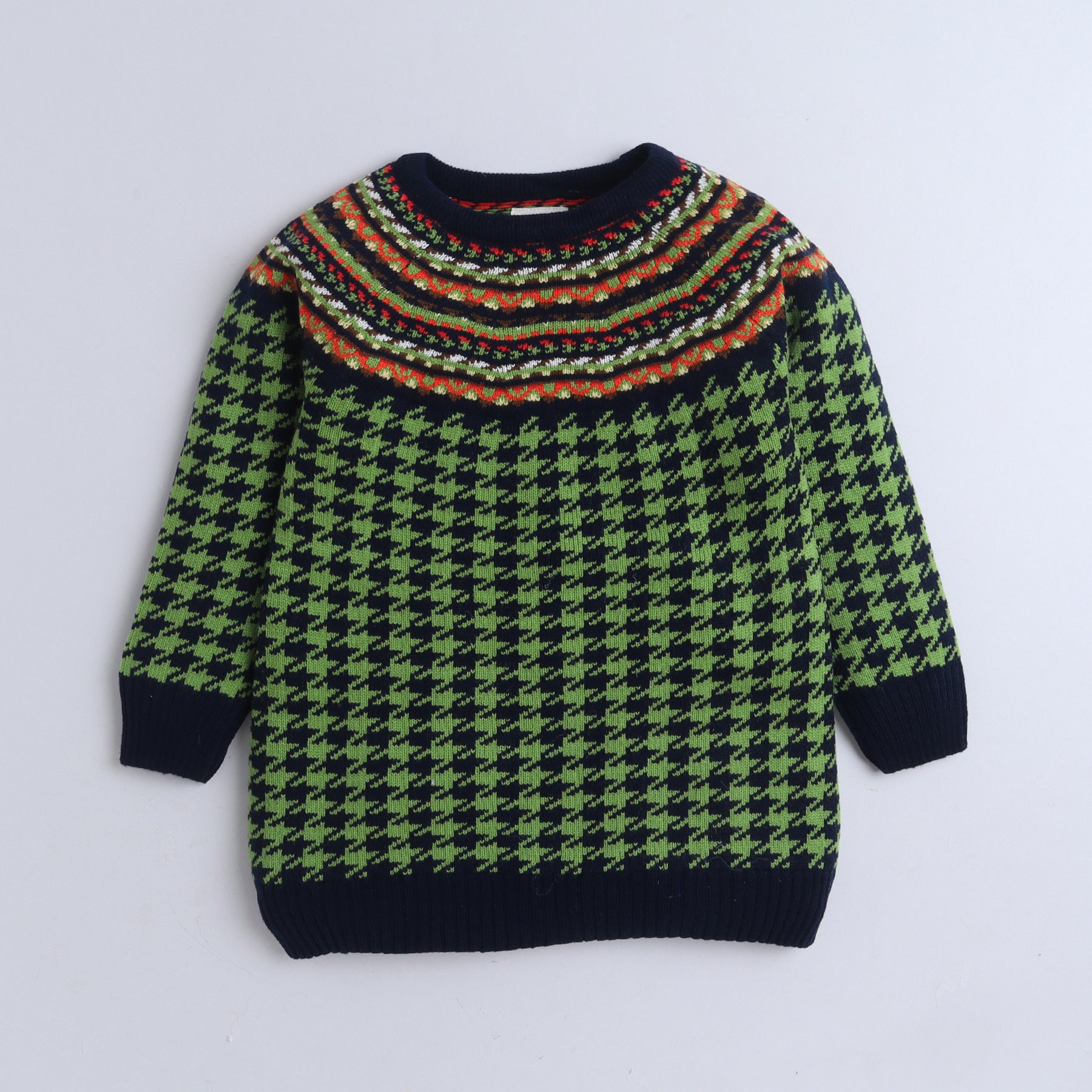Nordic Charm Houndstooth Knit Sweater – Bold & Cozy for Girls
