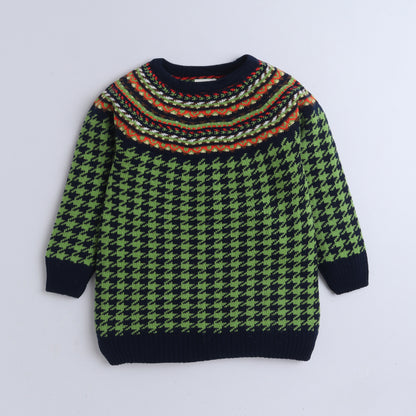 Yellow Aplle Nordic Charm Houndstooth Knit Sweater – Bold & Cozy for Girls