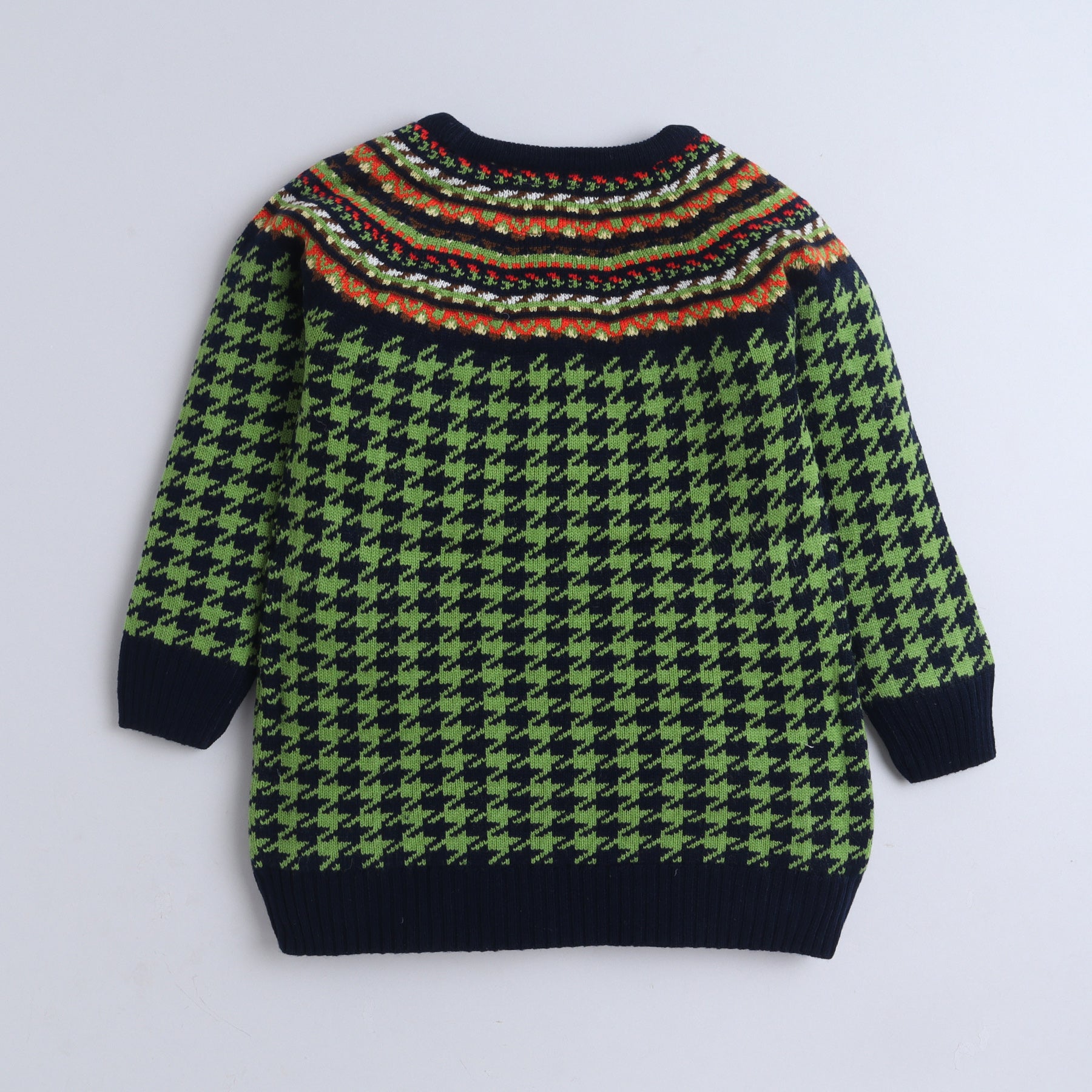 Nordic Charm Houndstooth Knit Sweater – Bold & Cozy for Girls