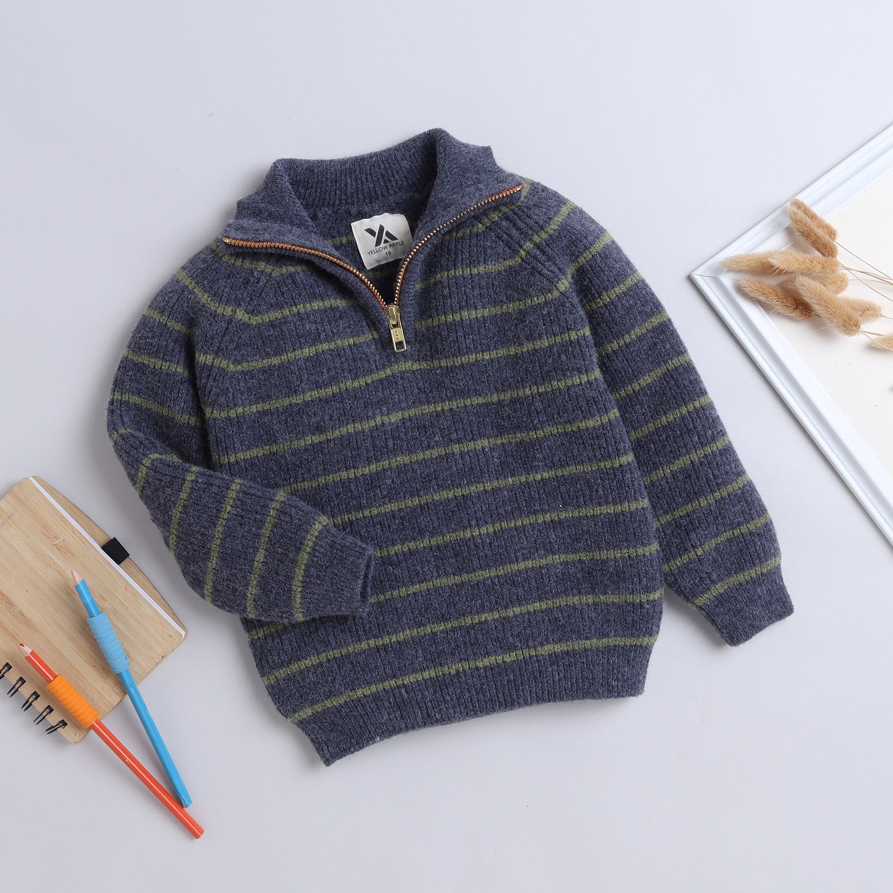 Boys Striped Knit Sweater | Soft Warm High Neck Quarter Zip Full Sleeve Winter Pullover | Cozy Kids Knitwear