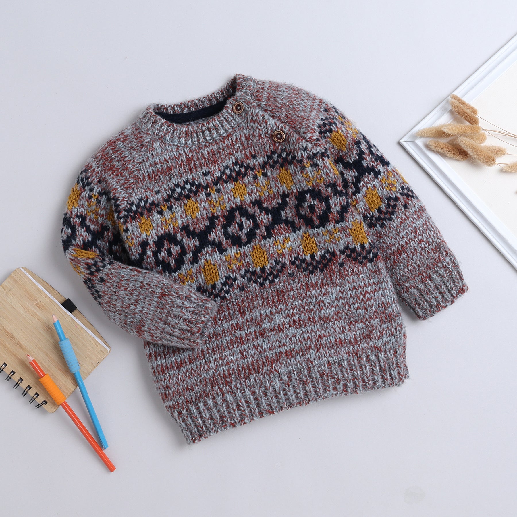 Boys Winter Fair Isle Knit Sweater | Soft Warm Round Neck Full Sleeve Wool Blend Pullover | Stylish Kids Winter Wear