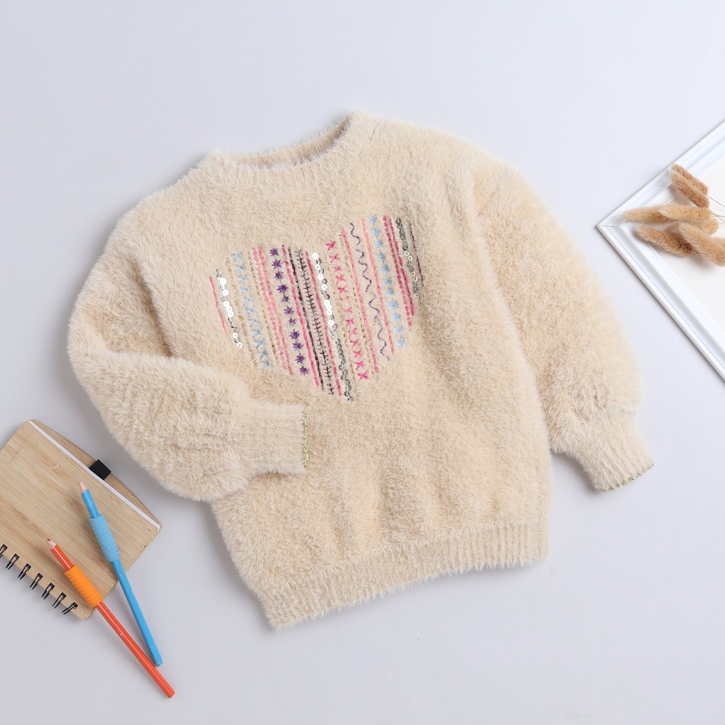 Yellow Apple- Girls Furry Winter Sweater | Soft Cozy Pullover with Embroidered Heart Design