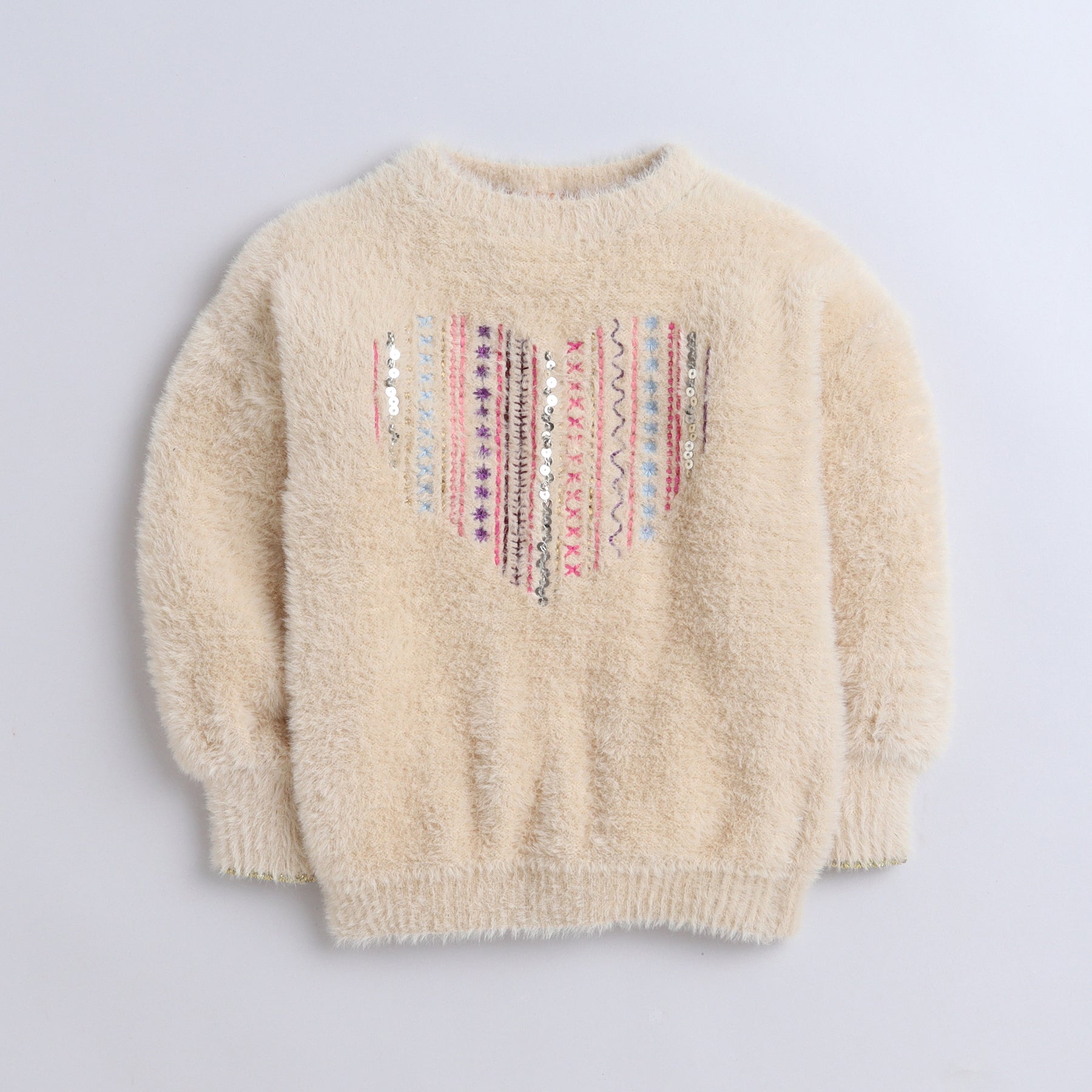 Girls Furry Winter Sweater | Soft Cozy Pullover with Embroidered Heart Design