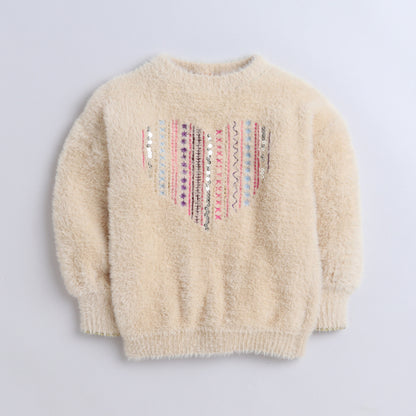 Yellow Apple- Girls Furry Winter Sweater | Soft Cozy Pullover with Embroidered Heart Design