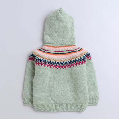 Yellow Apple-Knitted Hooded Sweater for Girls – Cozy Winter Cardigan with Pom-Poms & Nordic Pattern