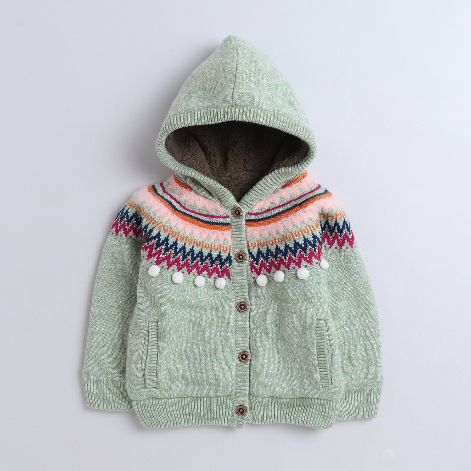 Knitted Hooded Sweater for Girls – Cozy Winter Cardigan with Pom-Poms & Nordic Pattern