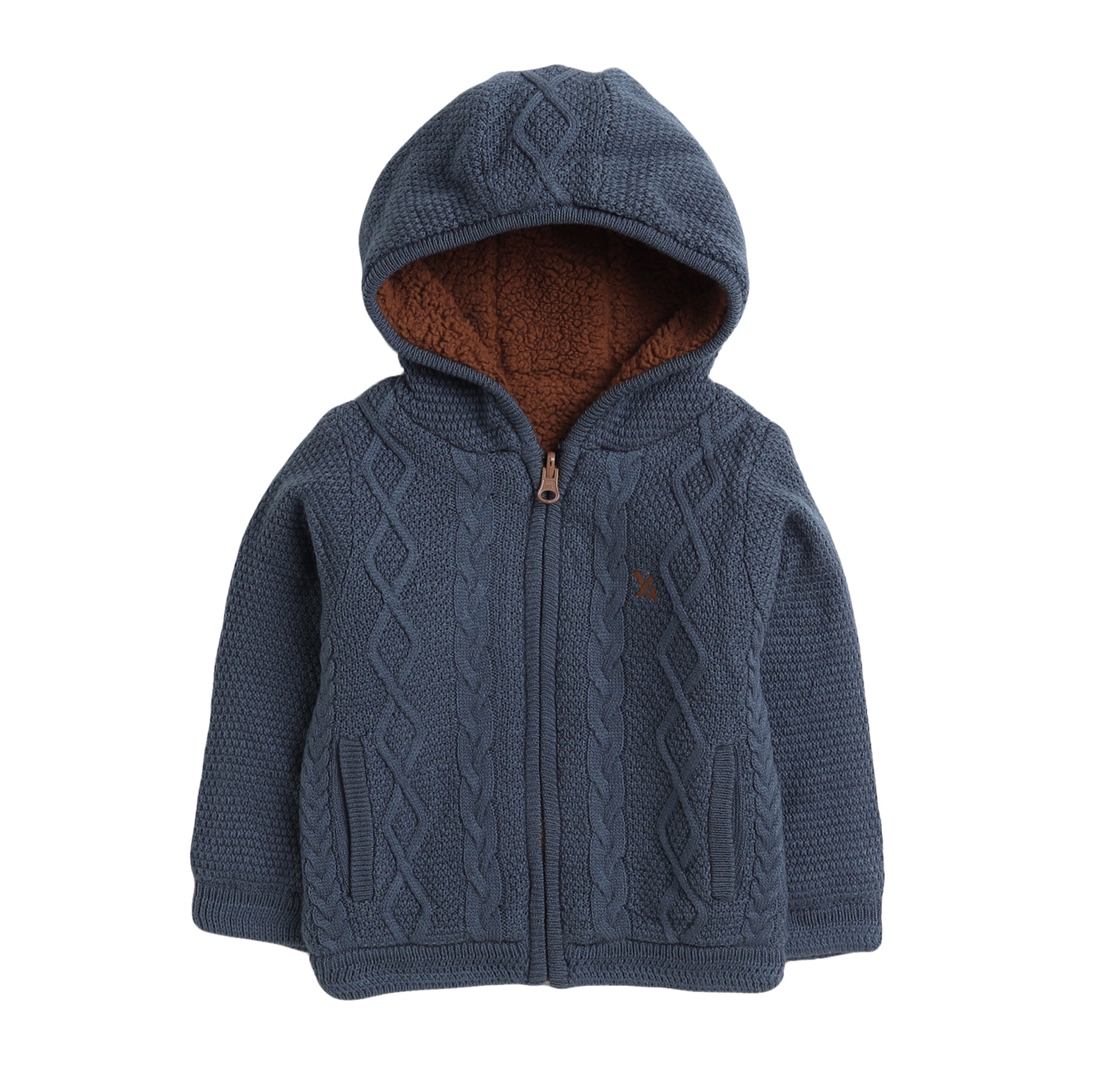 Kids Hooded Cable Knit Jacket | Full Sleeve Zip-Up Winter Sweater with Fleece Lining | Soft Warm Knitted Hoodie for Boys