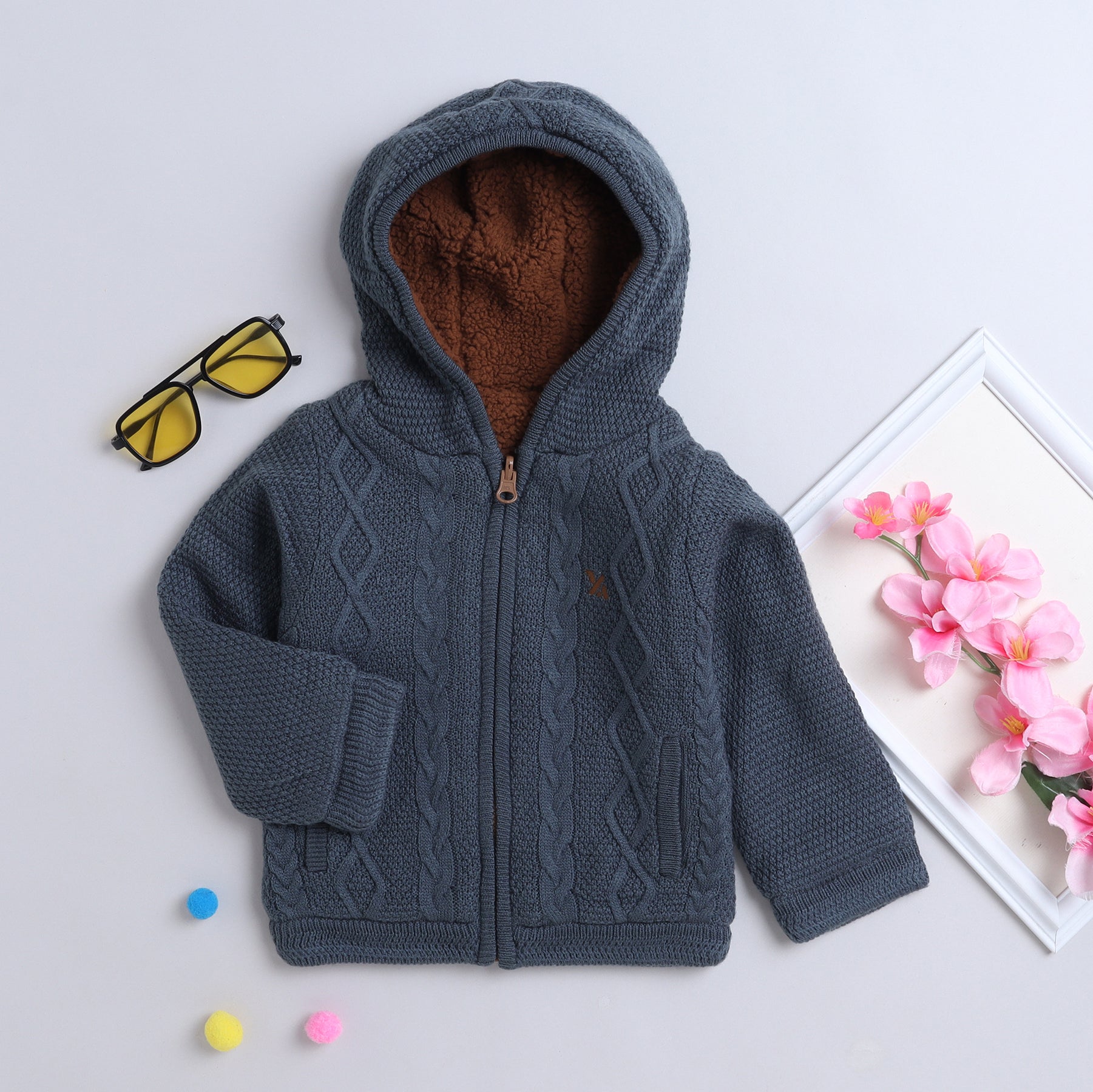 Kids Hooded Cable Knit Jacket | Full Sleeve Zip-Up Winter Sweater with Fleece Lining | Soft Warm Knitted Hoodie for Boys
