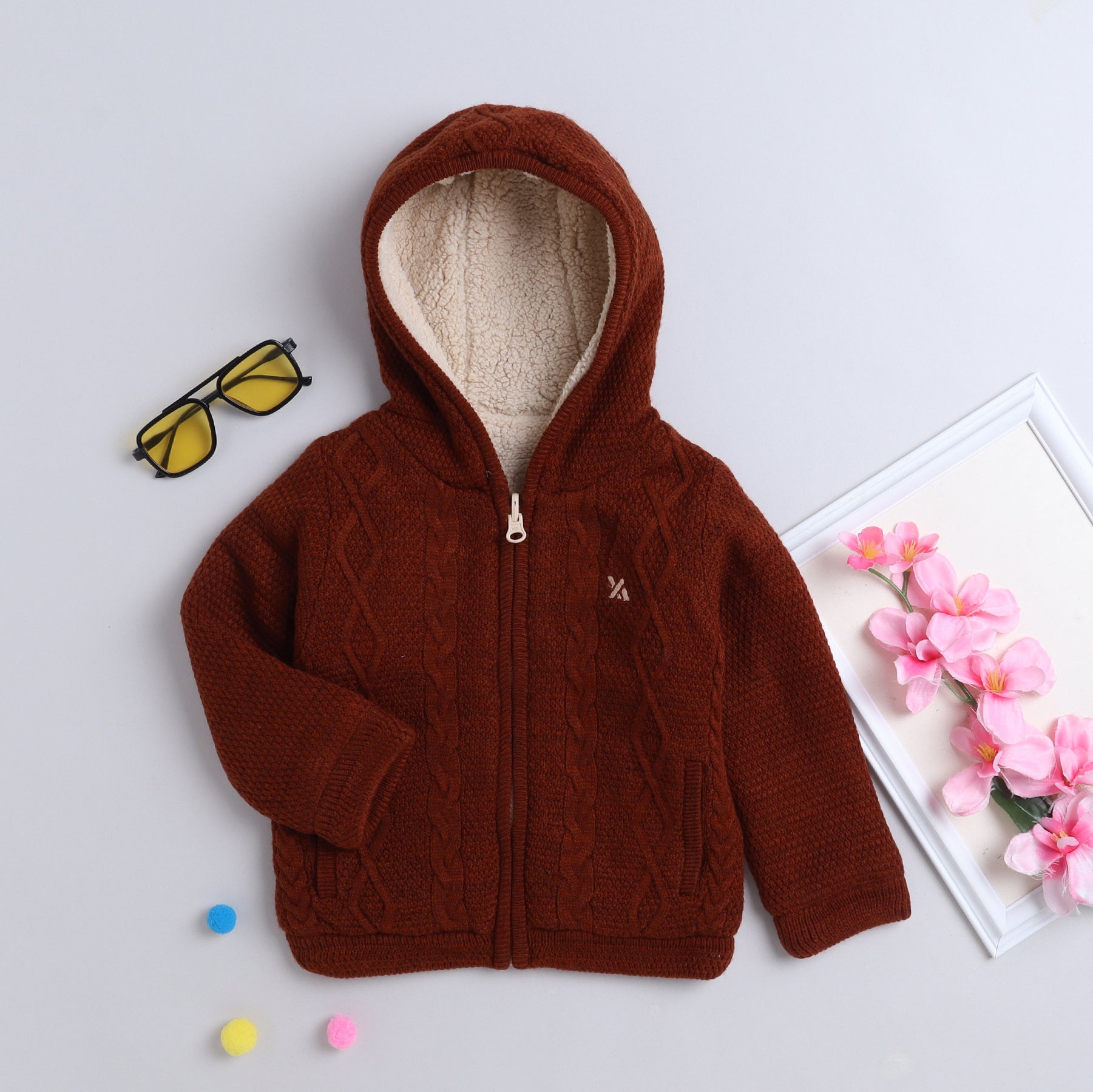Kids Hooded Cable Knit Jacket | Full Sleeve Zip-Up Winter Sweater with Fleece Lining | Soft Warm Knitted Hoodie for Boys