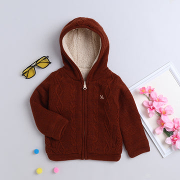 Kids Hooded Cable Knit Jacket | Full Sleeve Zip-Up Winter Sweater with Fleece Lining | Soft Warm Knitted Hoodie for Boys