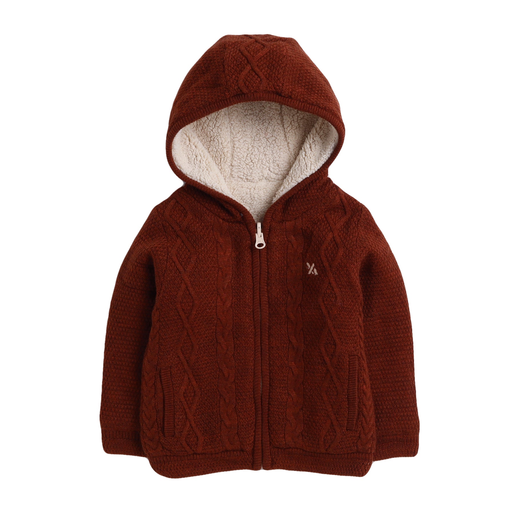 Kids Hooded Cable Knit Jacket | Full Sleeve Zip-Up Winter Sweater with Fleece Lining | Soft Warm Knitted Hoodie for Boys