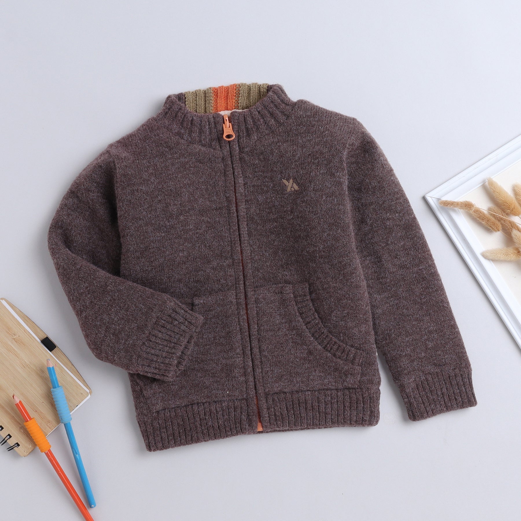 Boys Solid Knit Zip-Up Sweater | Soft Warm High Neck Full Sleeve Winter Cardigan with Front Pockets | Kids Winter Knitwear