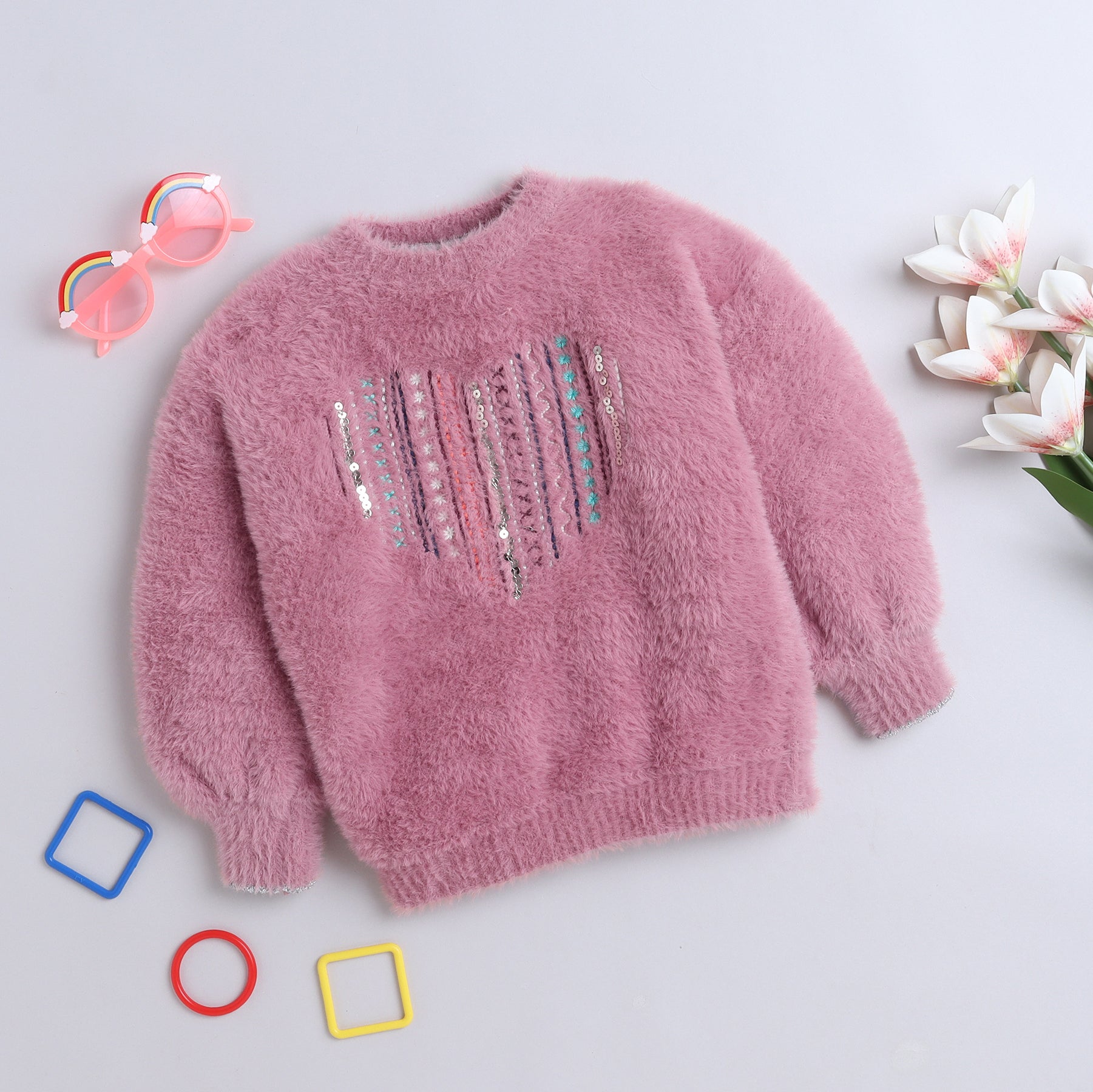 Girls Fuzzy Knit Sweater | Soft Warm Full Sleeve Round Neck Winter Pullover with Sequin Embellishment | Cozy Kids Winter Wear