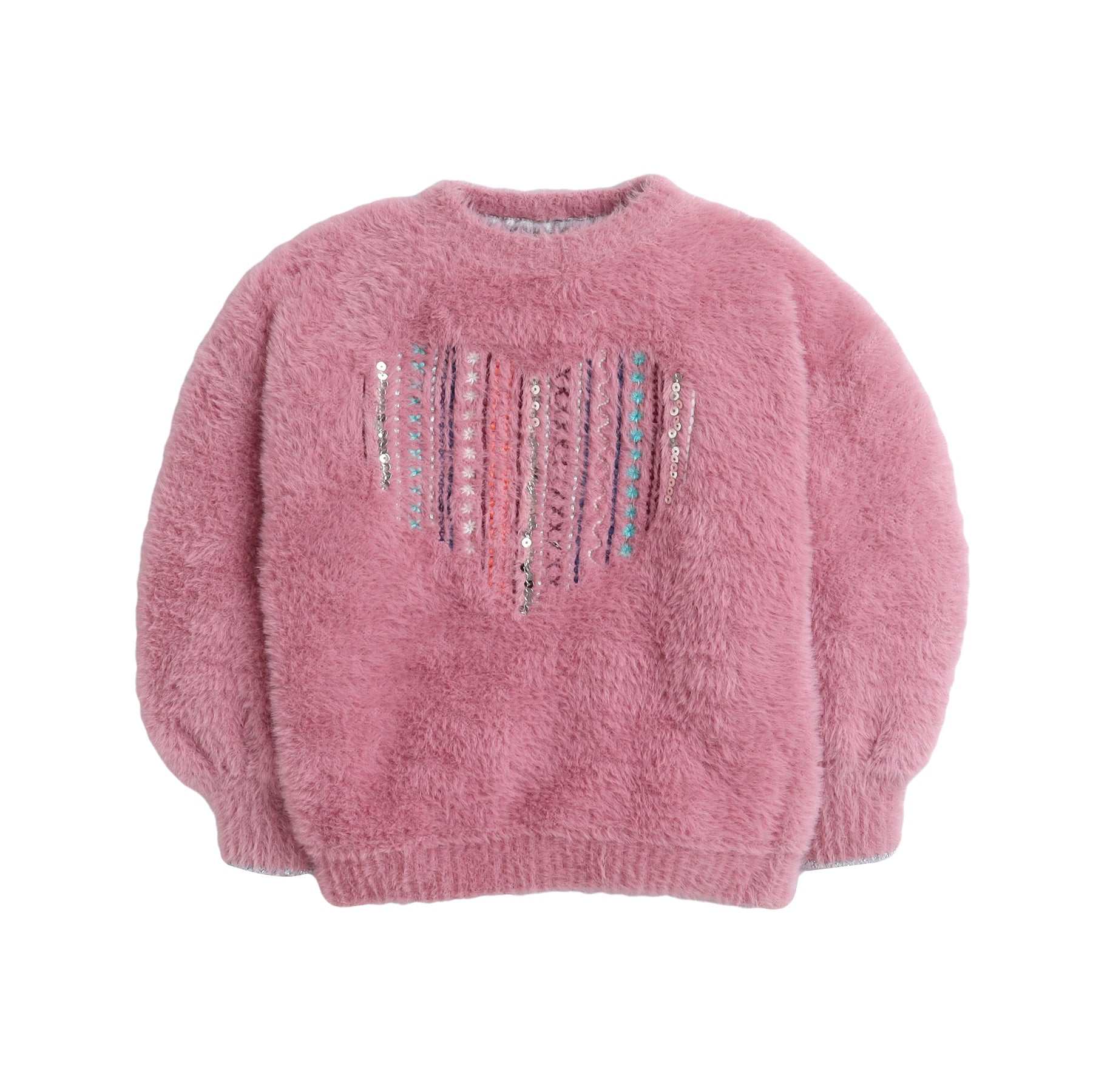 Girls Fuzzy Knit Sweater | Soft Warm Full Sleeve Round Neck Winter Pullover with Sequin Embellishment | Cozy Kids Winter Wear