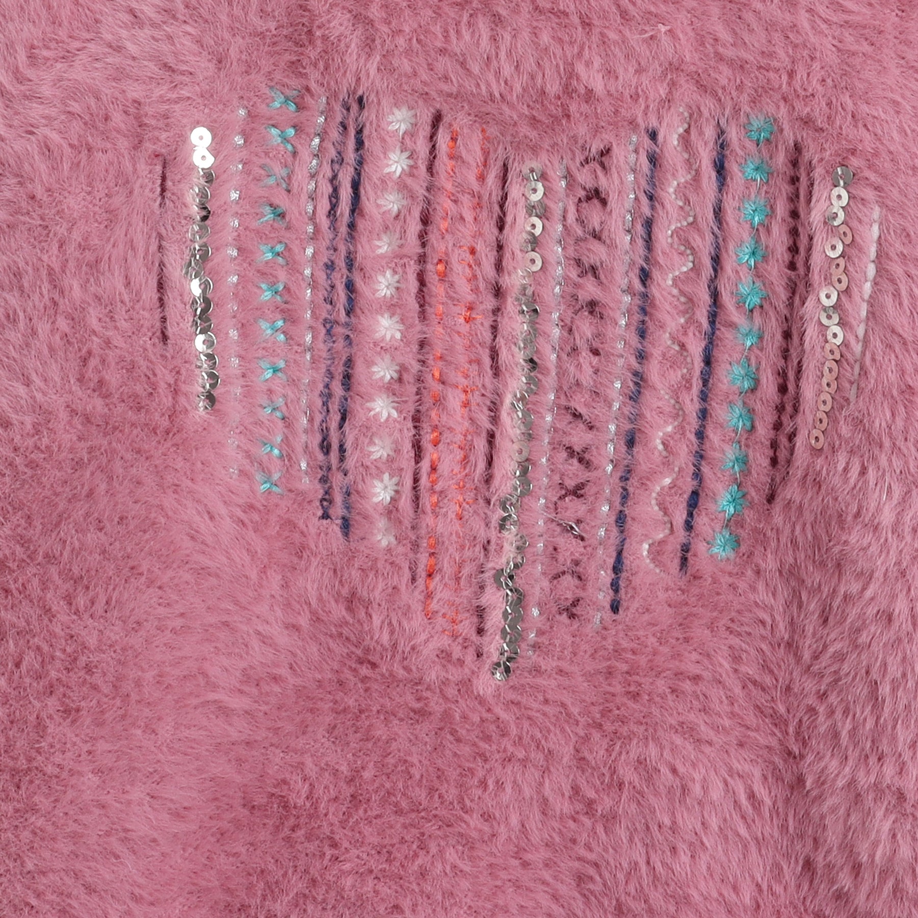 Girls Fuzzy Knit Sweater | Soft Warm Full Sleeve Round Neck Winter Pullover with Sequin Embellishment | Cozy Kids Winter Wear
