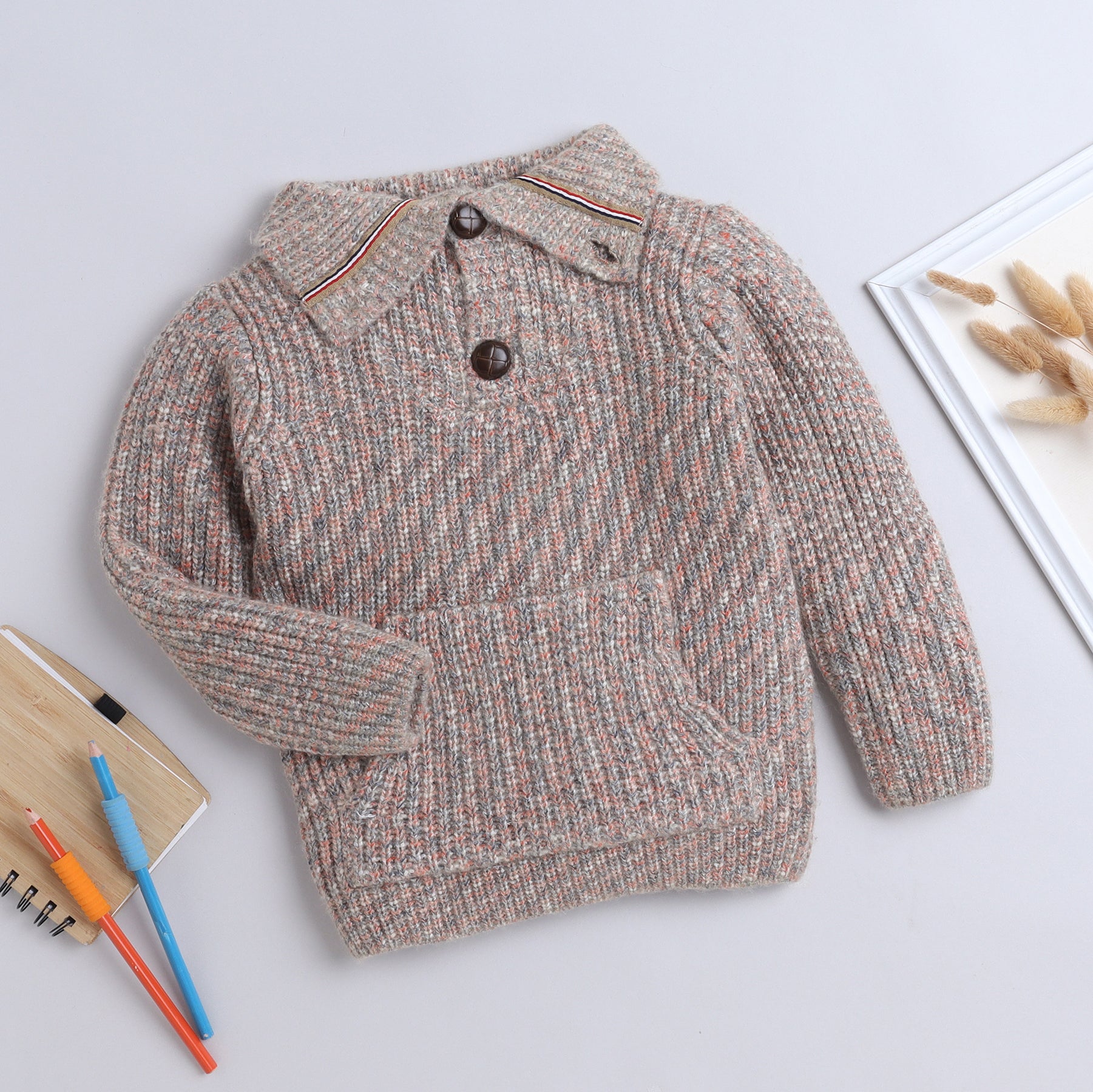 Boys Ribbed Knit Sweater | Soft Winter Pullover with Collar & Front Pocket | Warm Casual Wear