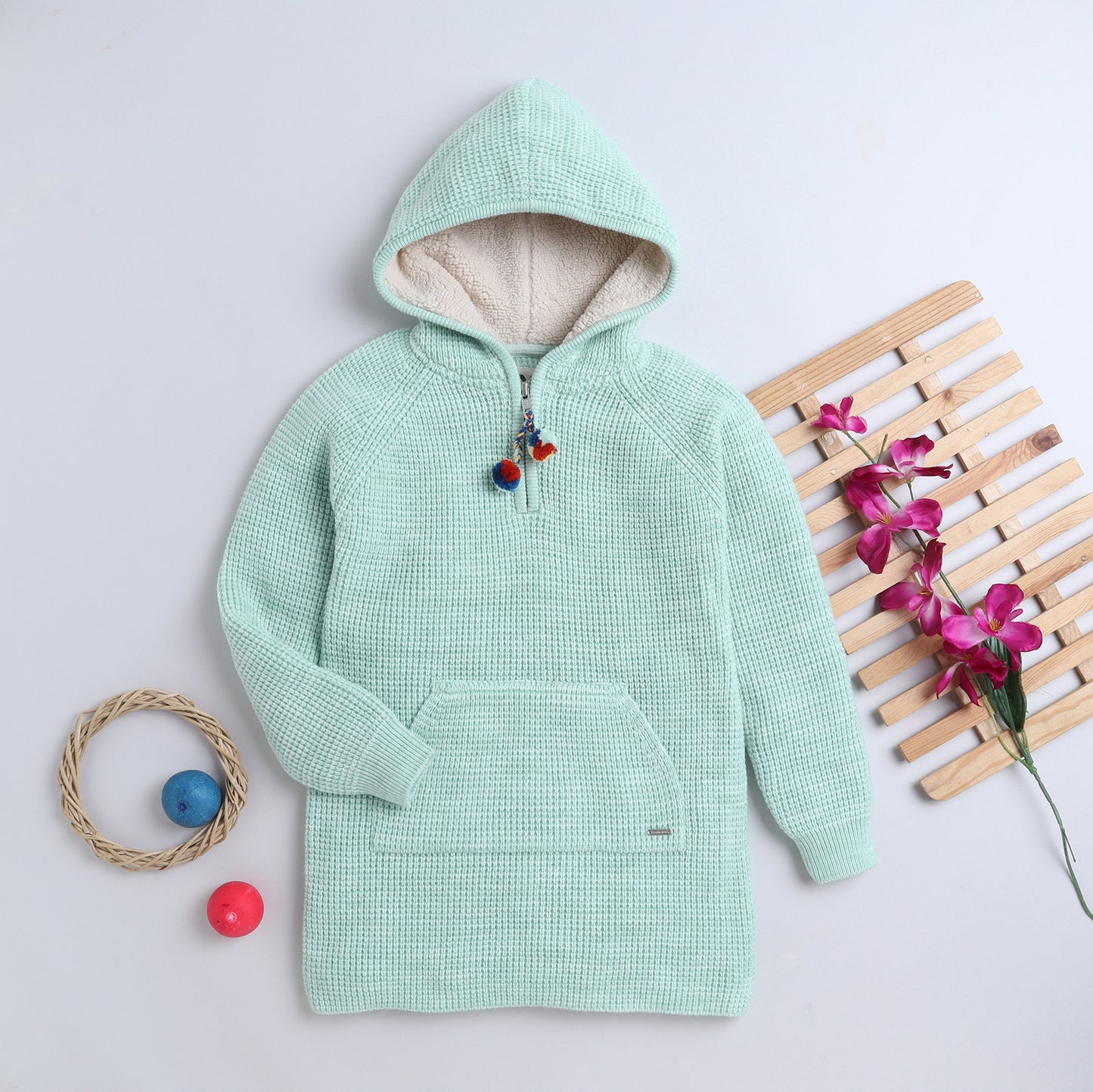 Baby Girls Self Design Hooded Neck Sweater