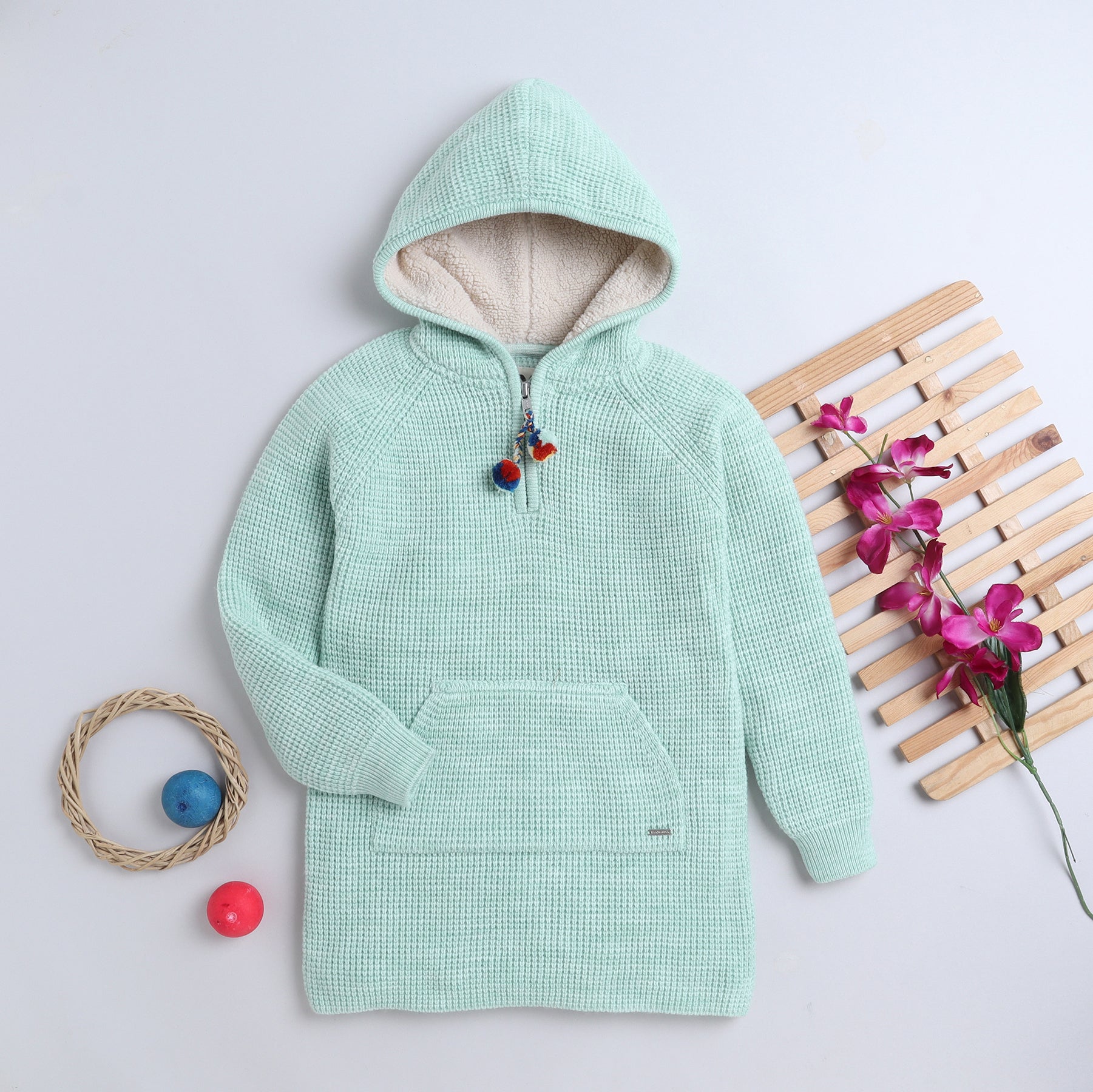 Baby Girls Self Design Hooded Neck Sweater