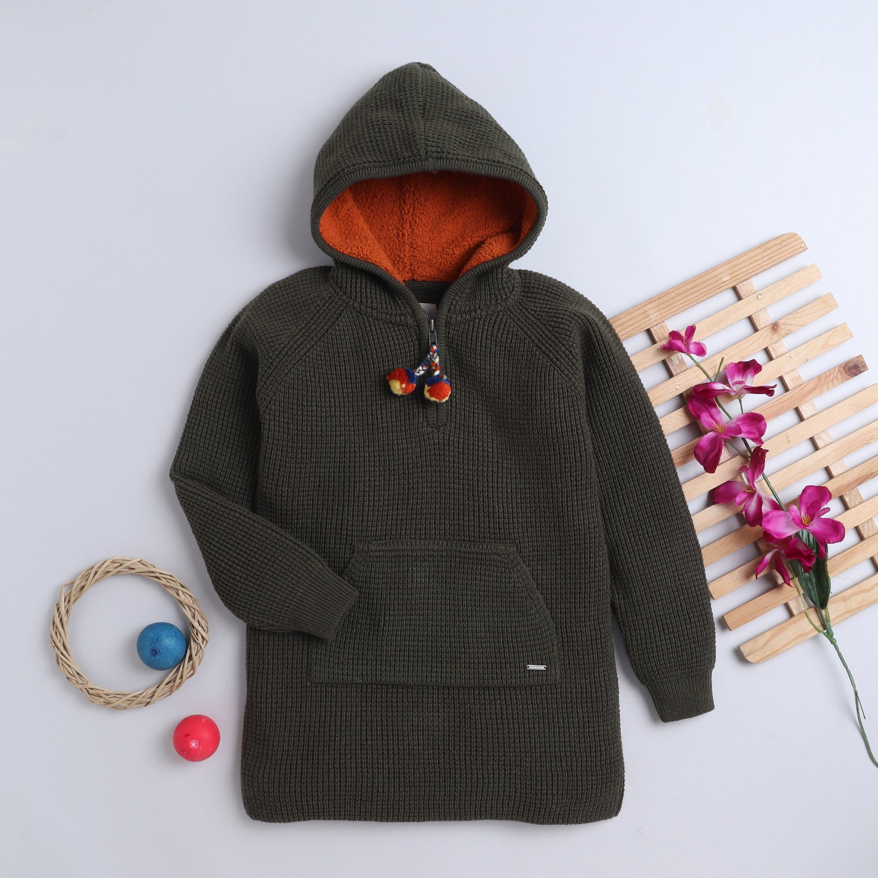 Baby Girls Self Design Hooded Neck Sweater