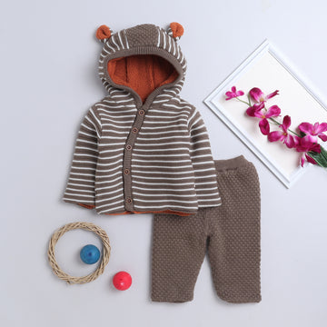 Baby Winter Knitted Hooded Co-Ord Set with Fleece Lining | 2-Piece Warm Cardigan & Pants Set for Infants & Toddlers