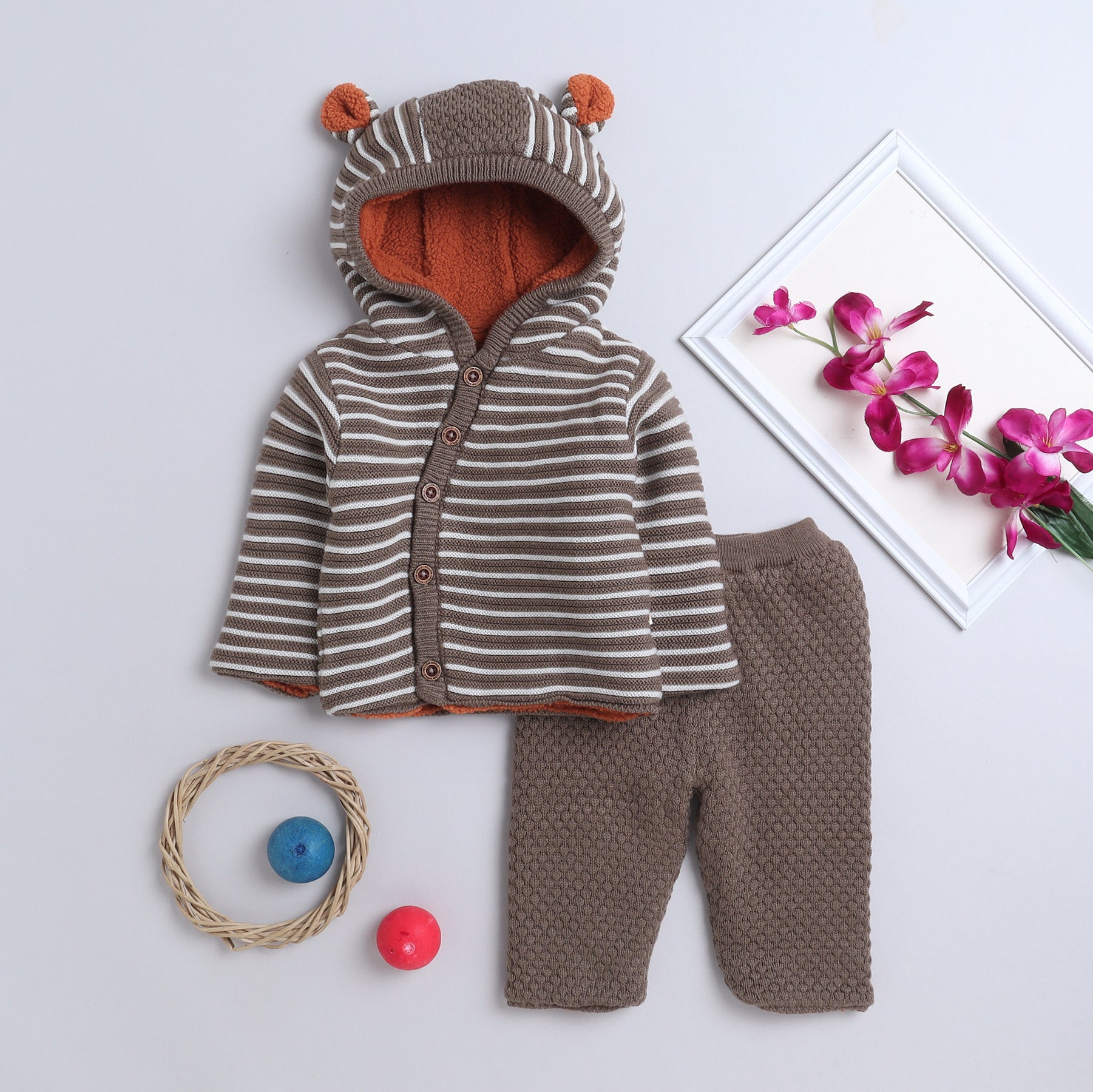 Baby 2-Piece Hooded Knit Clothing Set | Soft Warm Button Cardigan with Ear Hood & Knit Pants | Cozy Winter Outfit for Babies