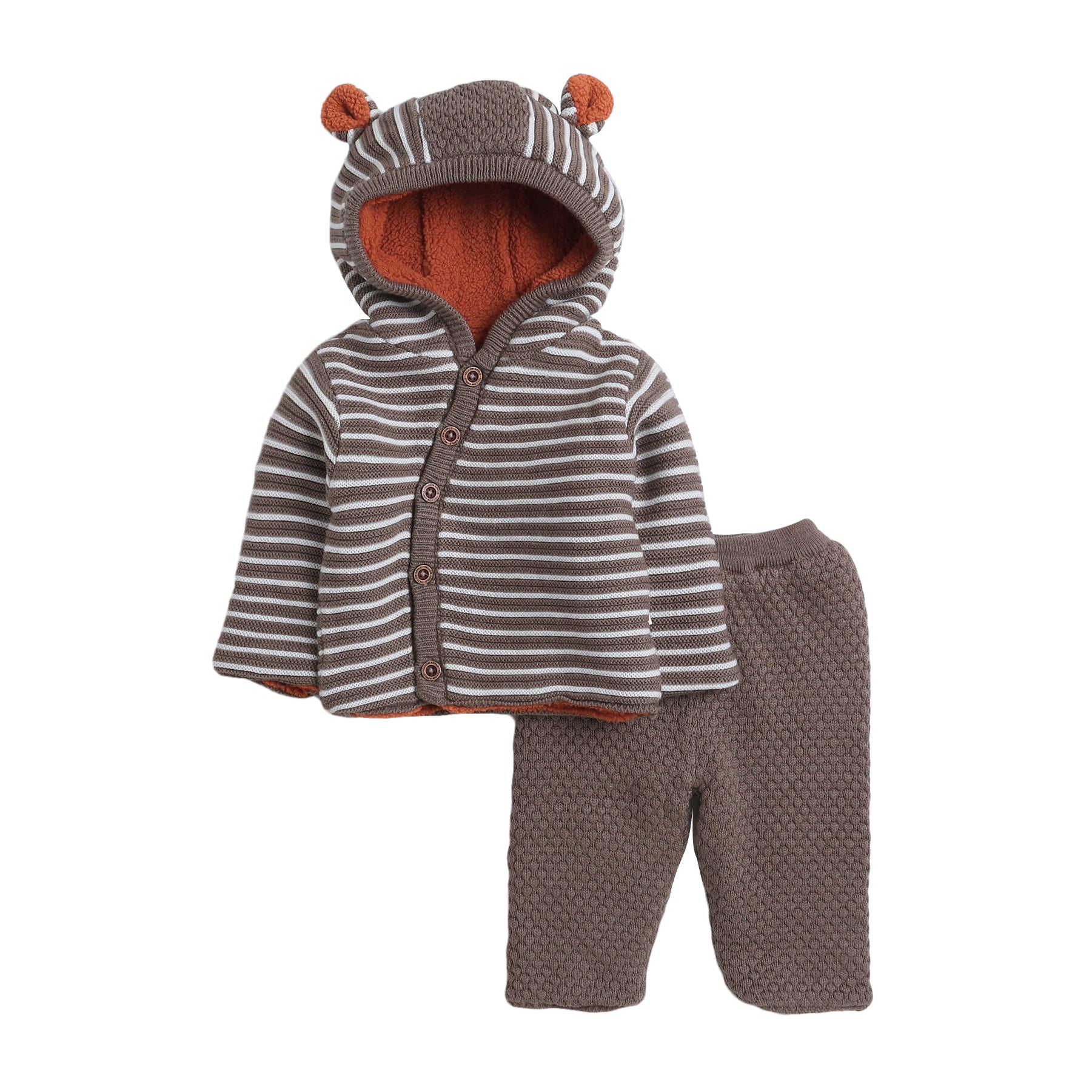 Baby 2-Piece Hooded Knit Clothing Set | Soft Warm Button Cardigan with Ear Hood & Knit Pants | Cozy Winter Outfit for Babies