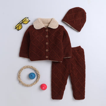Baby 3-Piece Winter Knit Clothing Set | Soft Warm Sherpa Collar Cardigan, Knit Pants & Matching Beanie | Cozy Baby Winter Outfit