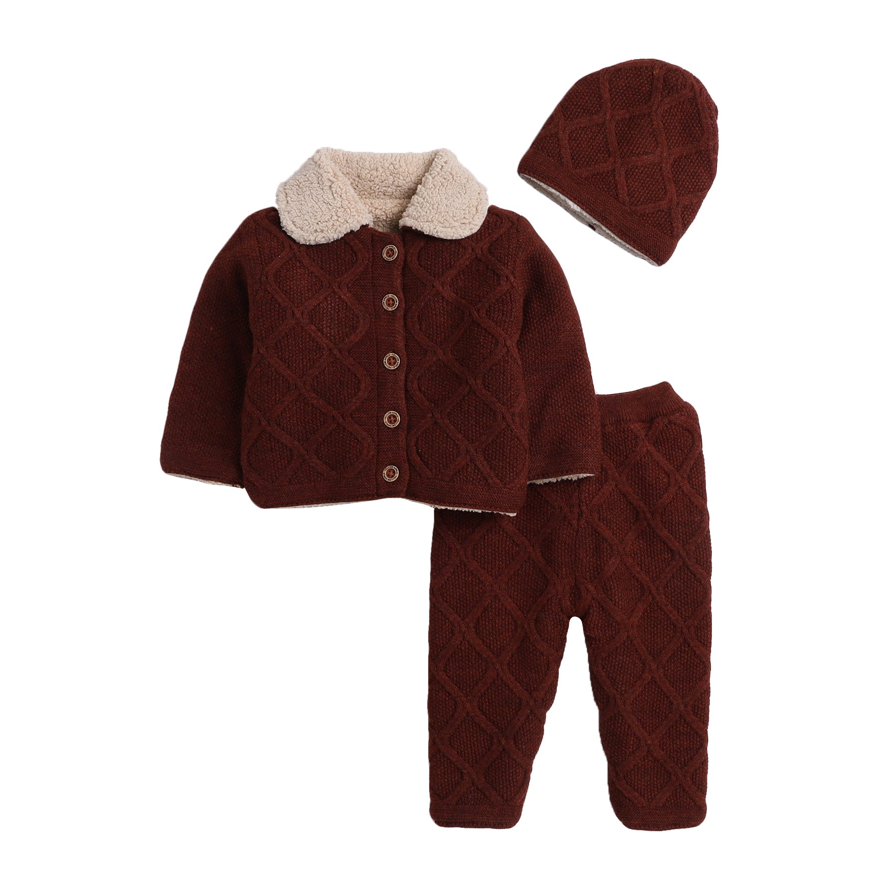 Baby 3-Piece Winter Knit Clothing Set | Soft Warm Sherpa Collar Cardigan, Knit Pants & Matching Beanie | Cozy Baby Winter Outfit