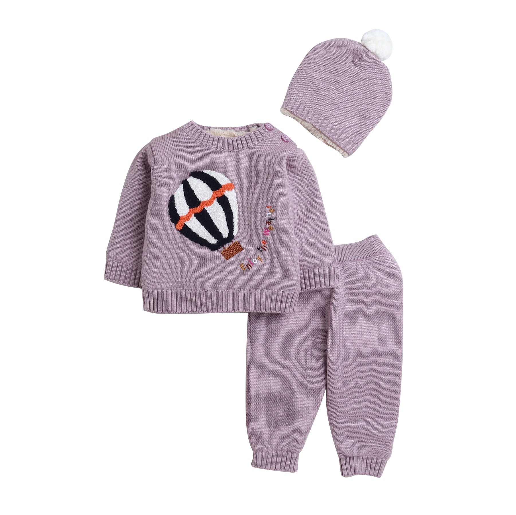 Baby 3-Piece Knit Clothing Set | Soft Warm Sweater, Knit Pants & Pom-Pom Beanie | Cozy Winter Outfit for Babies