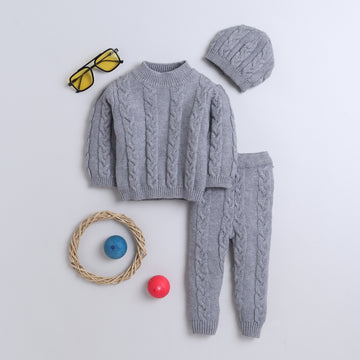 Cable Knit Sweater Set | Soft Warm 3-Piece Winter Outfit with Sweater, Pants & Beanie Cap | Cozy Baby Knitwear Set