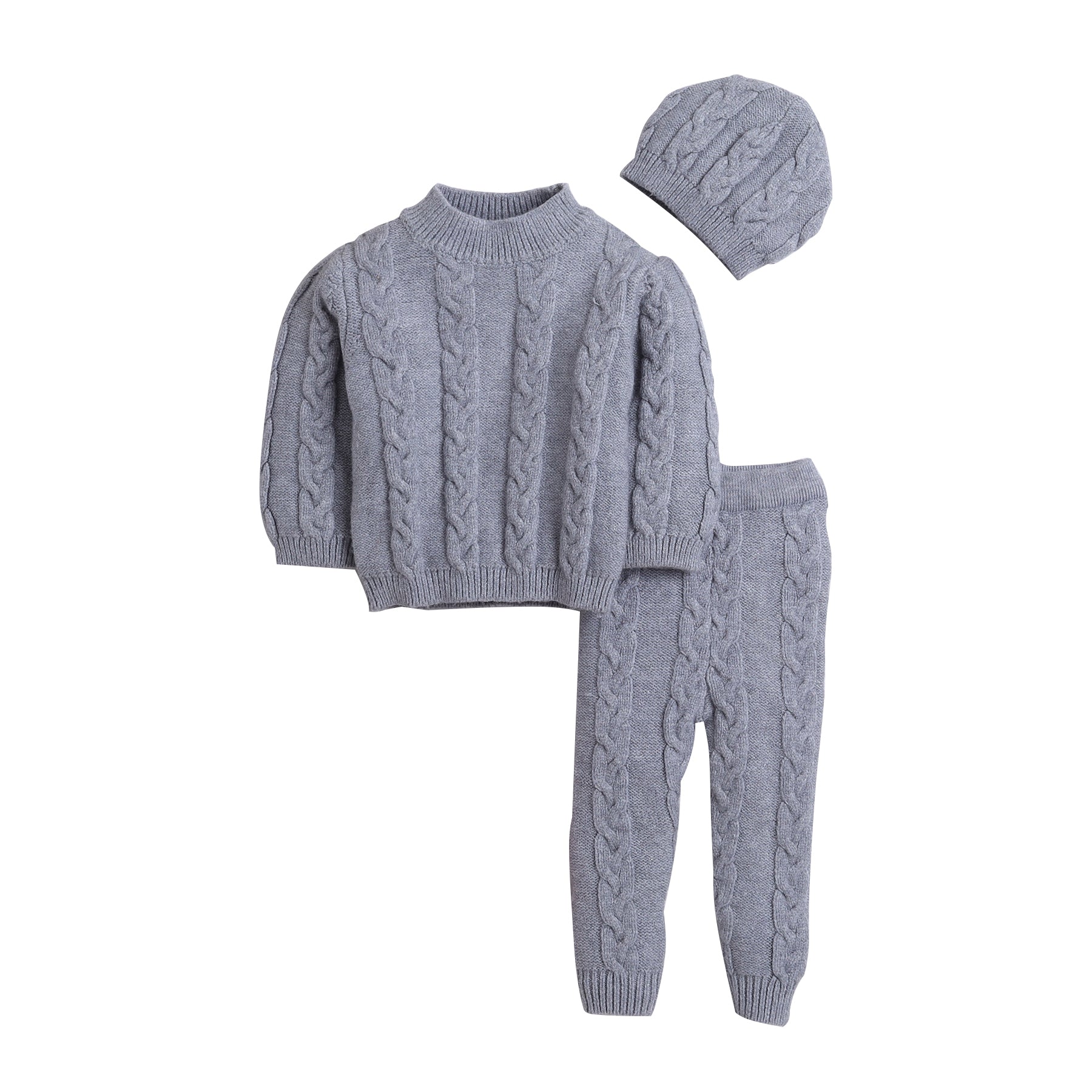 Cable Knit Sweater Set | Soft Warm 3-Piece Winter Outfit with Sweater, Pants & Beanie Cap | Cozy Baby Knitwear Set