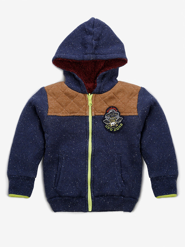 Boys Self Design Hooded Neck Blue Sweater