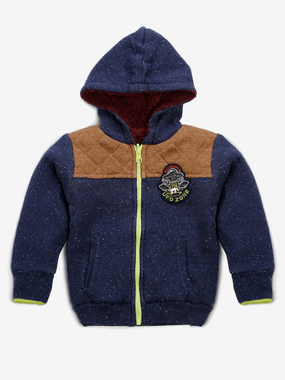 Boys Self Design Hooded Neck Blue Sweater