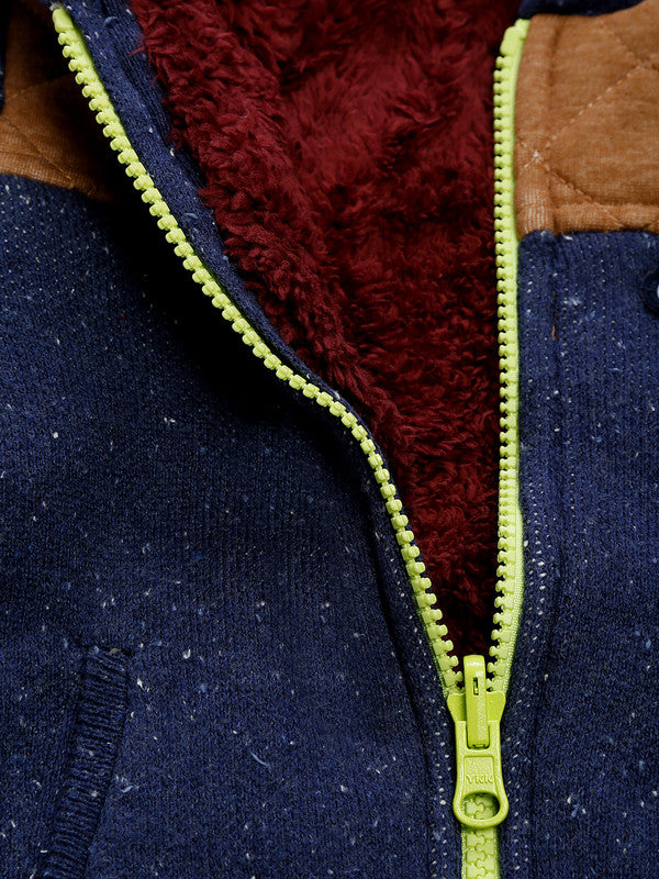 Boys Self Design Hooded Neck Blue Sweater